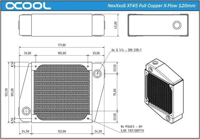 Alt view image 6 of 15 - Alphacool NexXxos XT45 Full Copper X-Flow Radiator 120, 120mm x 1, Single Fan, Black