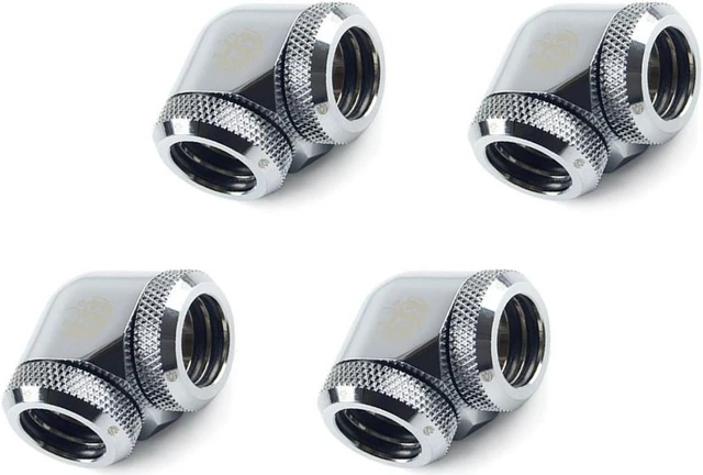 Main image of Bitspower Dual Enhance Multi-Link Adapter Fitting for 14mm OD Rigid Tubing, 90 Degree Angle, Silver Shining, 4-pack