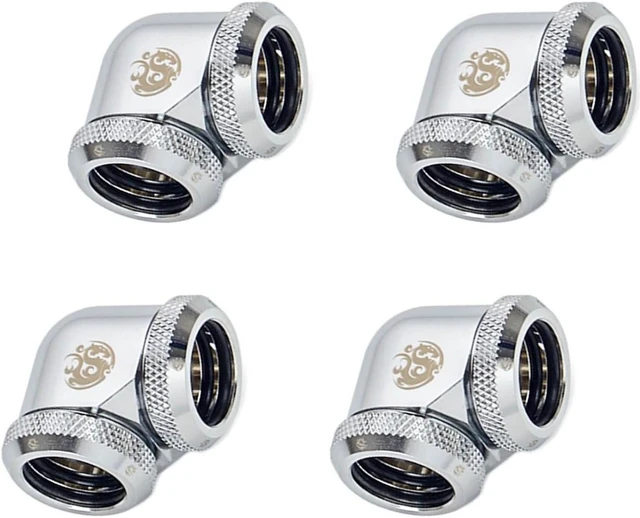 Main image of Bitspower Dual Enhance Multi-Link Adapter Fitting for 16mm OD Rigid Tubing, 90 Degree Angle, Silver Shining, 4-pack