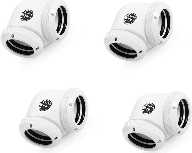 Main image of Bitspower Dual Enhance Multi-Link Adapter Fitting for 16mm OD Rigid Tubing, 90 Degree Angle, Deluxe White, 4-pack