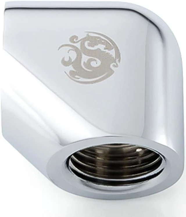 Main image of Bitspower G1/4" Female to Female Extender Fitting, 90 Degree Angle, Silver Shining