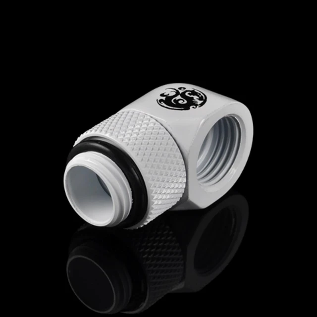 Alt view image 2 of 5 - Bitspower G1/4" Male to Female Extender Fitting, 90 Degree Rotary, Deluxe White