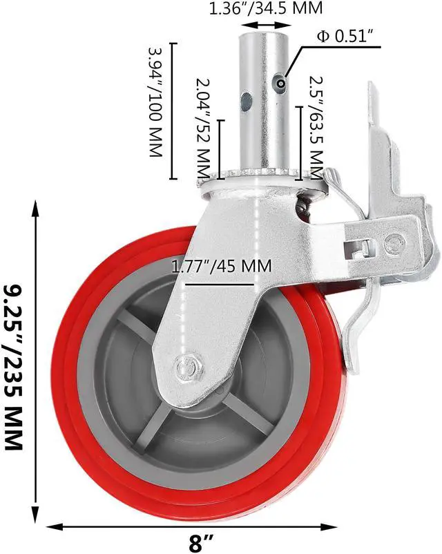 Alt view image 5 of 9 - VEVOR Geindus Set Of 4 Scaffolding Casters Polyurethane 600LBS Scaffolding Wheels Scaffold Caster Wheel On Iron With Brake Lock