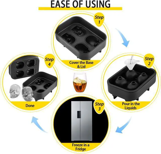 Alt view image 4 of 15 - VEVOR Skull Ice Cube Tray, 4-Grid Skull Ice Ball Maker, Flexible Black Silicone Ice Tray with Lid & Funnel, Funny Skull Ice Cubes 1.6"x1.8" Each for Beverage, Chocolate, etc. on Parties & Holidays