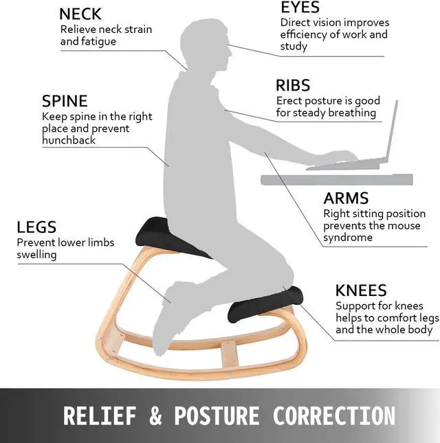 Alt view image 2 of 10 - VEVOR Wooden Ergonomic Kneeling Chair Memory Seat Cushion Relieving Stress Body Shaping Black