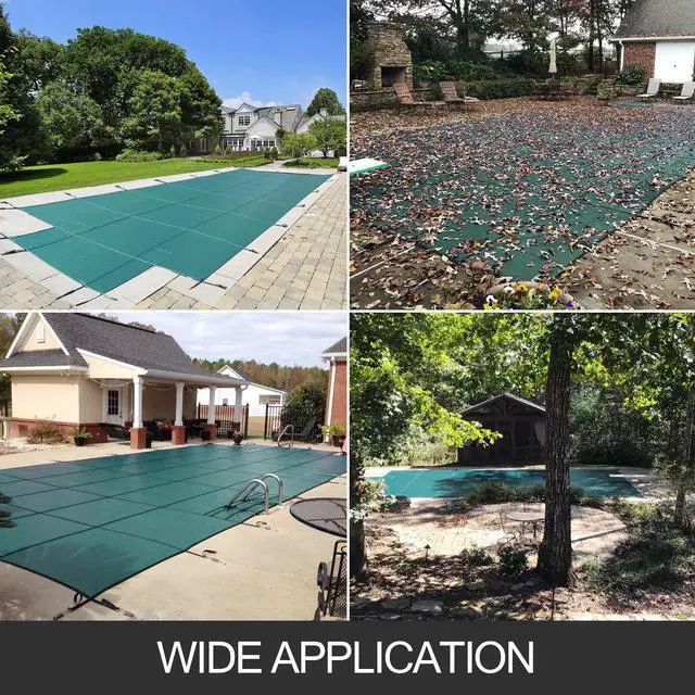 Alt view image 4 of 15 - VEVOR Pool Safety Cover Fits 16x32ft Rectangle Inground Safety Pool Cover Green Mesh with 4x8ft Center End Steps Solid Pool Safety Cover for Swimming Pool Winter Safety Cover
