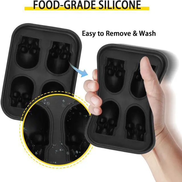 Alt view image 7 of 15 - VEVOR Skull Ice Cube Tray, 4-Grid Skull Ice Ball Maker, Flexible Black Silicone Ice Tray with Lid & Funnel, Funny Skull Ice Cubes 1.6"x1.8" Each for Beverage, Chocolate, etc. on Parties & Holidays