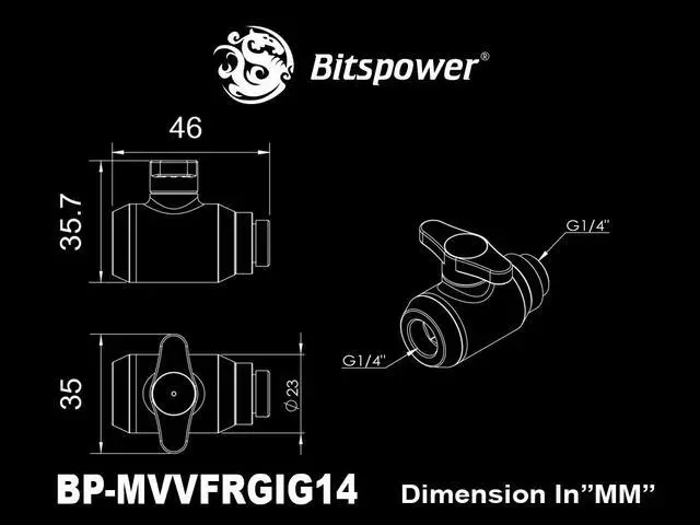 Alt view image 8 of 8 - Bitspower Mini Valve with Rotary G1/4" Extender and Inner G1/4" port, True Brass