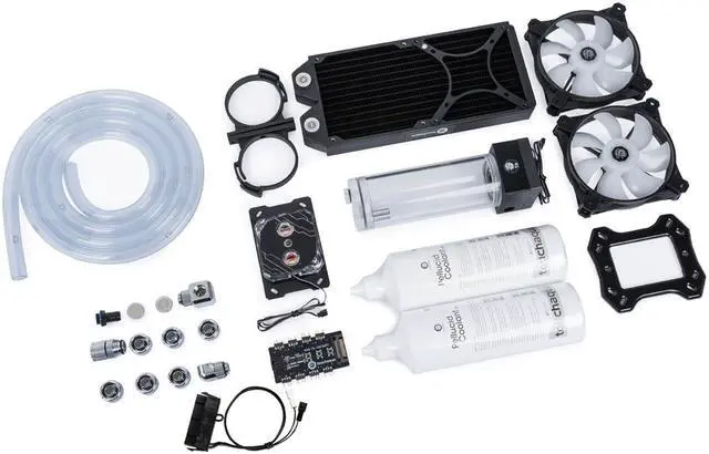 Alt view image 2 of 3 - Bitspower Sorbet Soft Tube Kit for AMD, included brass CPU water block
240 copper radiator with fans, water tank with pump, fittings, and tube, coolant.
