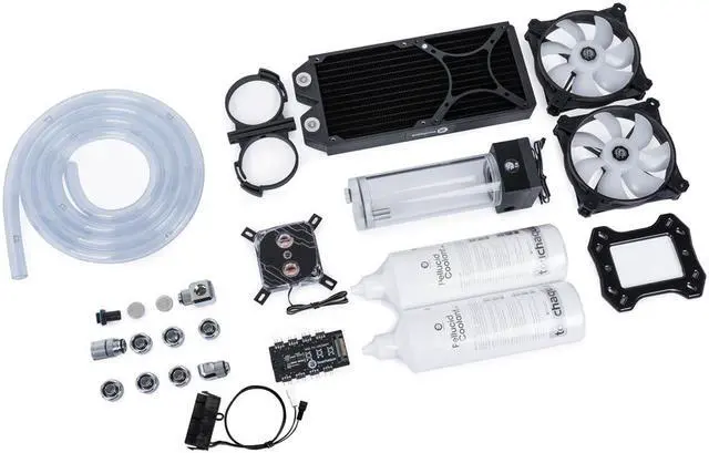 Alt view image 2 of 3 - Bitspower Sorbet Soft Tube Kit for Intel, included CPU water block, copper radiator, water tank with pump, fittings, and tubes, compatible with LGA1700