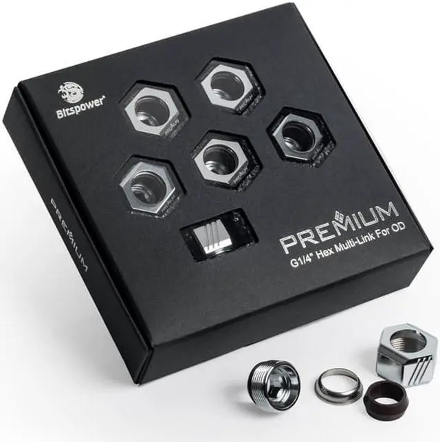 Alt view image 5 of 8 - Bitspower Premium G1/4" Hex Multi-Link for 12mm OD Rigid Tubing, Silver Shining, 6-pack