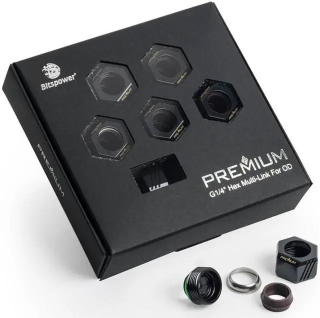 Alt view image 5 of 8 - Bitspower Premium G1/4" Hex Multi-Link for 12mm OD Rigid Tubing, Matte Black, 6-pack