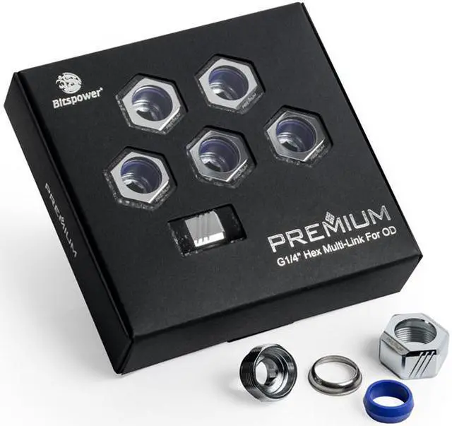 Alt view image 5 of 8 - Bitspower Premium G1/4" Hex Multi-Link for 12mm OD Rigid Tubing, Silver Shining, 6-pack
