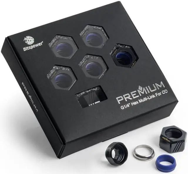 Alt view image 5 of 8 - Bitspower Premium G1/4" Hex Multi-Link for 12mm OD Rigid Tubing, Matte Black, 6-pack