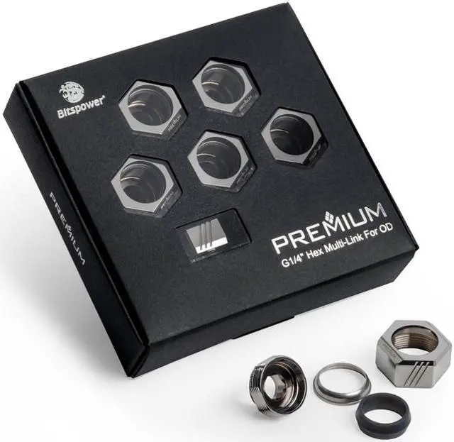 Alt view image 5 of 8 - Bitspower Premium G1/4" Hex Multi-Link for 12mm OD Rigid Tubing, Black Sparkle, 6-pack