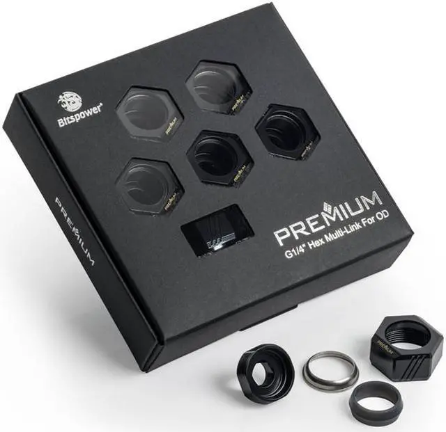 Alt view image 5 of 8 - Bitspower Premium G1/4" Hex Multi-Link for 16mm OD Rigid Tubing, Matte Black, 6-pack