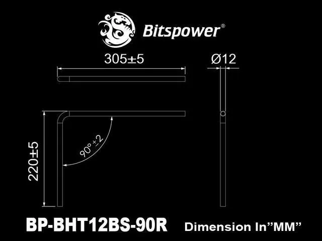 Alt view image 3 of 3 - Bitspower Pre-bent 90-Degree Brass Hard Tubing OD12MM Black Sparkle - Length 220x305MM