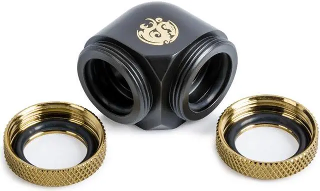 Alt view image 2 of 3 - Bitspower Carbon Black/True Brass Enhance 90-Degree Dual Multi-Link Adapter For OD 14MM