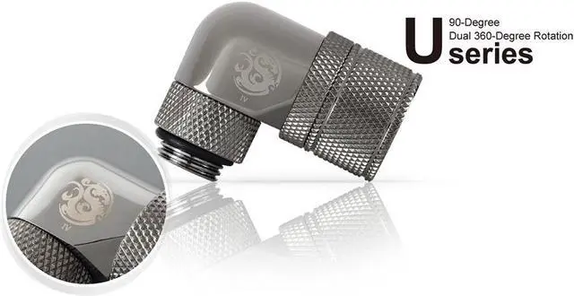 Alt view image 5 of 7 - Bitspower G1/4" to 3/8" ID, 5/8" OD Compression Fitting for Soft Tubing, CC3 Ultimate, 90 Degree Dual Rotary, Black Sparkle
