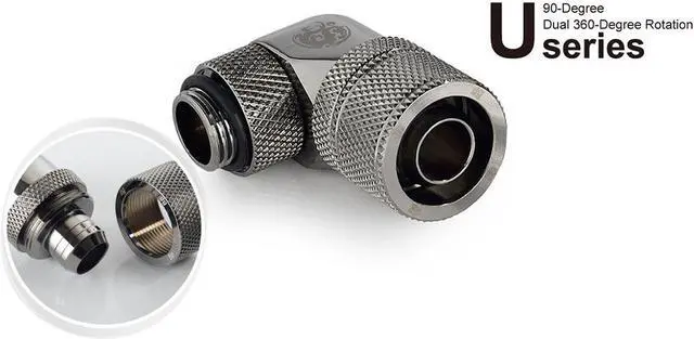 Alt view image 6 of 7 - Bitspower G1/4" to 3/8" ID, 5/8" OD Compression Fitting for Soft Tubing, CC3 Ultimate, 90 Degree Dual Rotary, Black Sparkle