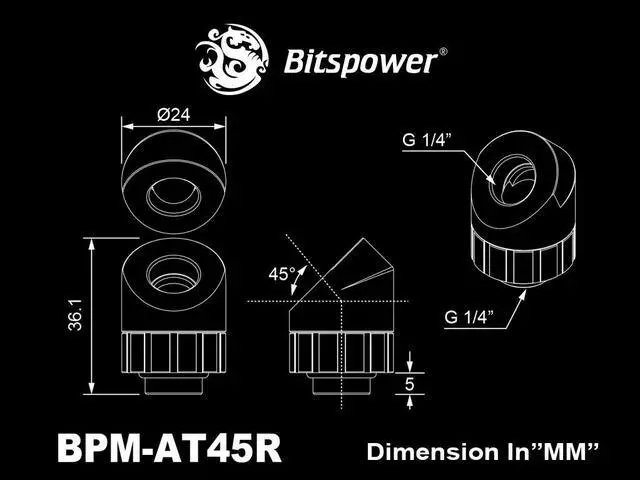 Alt view image 2 of 2 - Bitspower Artemis Rotary 45-Degree Extender - Matte Black