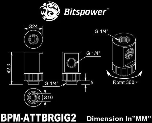 Alt view image 4 of 4 - Bitspower Artemis T-Block Rotary G1/4" & Inner G1/4"x2 - Sandblast Silver