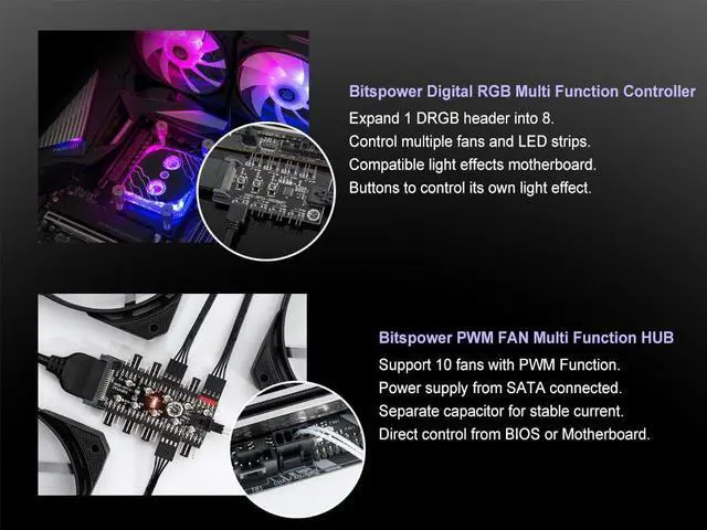 Alt view image 7 of 9 - Bitspower Touchaqua NJORD II 120 PWM Fan, Digital RGB, 5-Pack