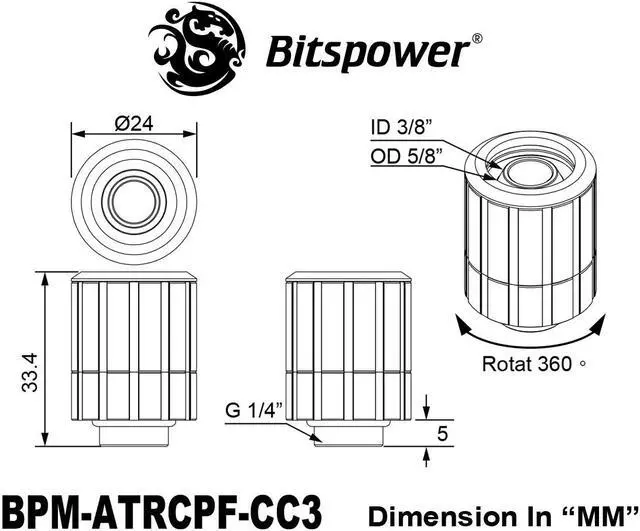 Alt view image 2 of 2 - Bitspower Artemis Rotary Compression Fitting CC3 For ID 3/8" OD 5/8" Tube - Arctic White