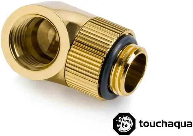 Alt view image 4 of 5 - Bitspower Touchaqua G1/4" Male to Female Extender Fitting, 90? Angle Rotary, True Brass, 2-pack