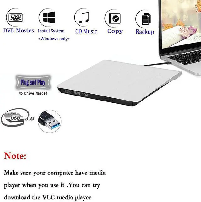 Alt view image 3 of 6 - Corn USB 3.0 DVD-RW DVD-ROM CD-RW Read Writer Burner External Drive for PC Laptop