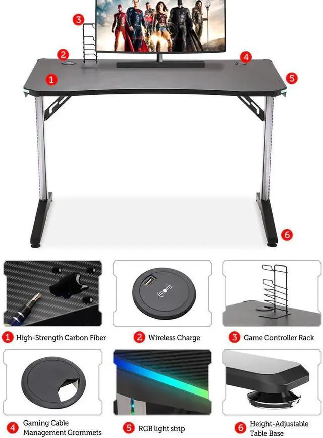 Alt view image 3 of 6 - E-WIN Nexus Lucis RGB Gaming Desk ,Music Sync Lights Up Computer Table with Wireless Charging and USB Charging Ports