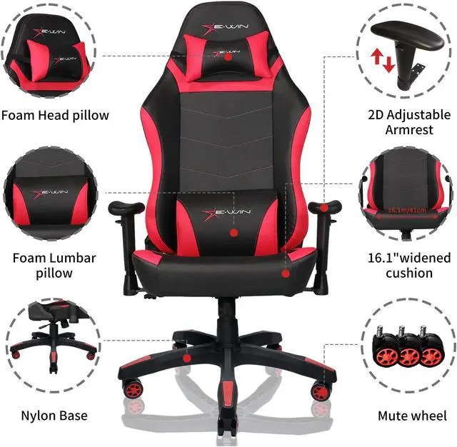 Alt view image 4 of 7 - E-WIN Gaming Chair 400 lb Big and Tall Office Chair,High Back Ergonomic Computer Chair with Wide Seat  Adjustable Armrest-Black/Red