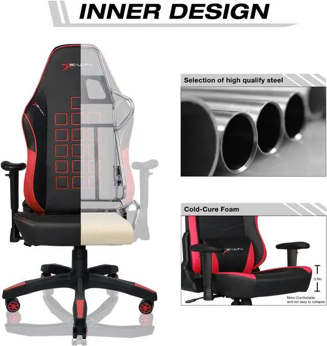 Alt view image 5 of 7 - E-WIN 400 lb Gaming Chair Office Chair Heavy Duty Gaming Chair with Lumbar Support Wide Seat High Back Adjustable Armrest-Black/Red
