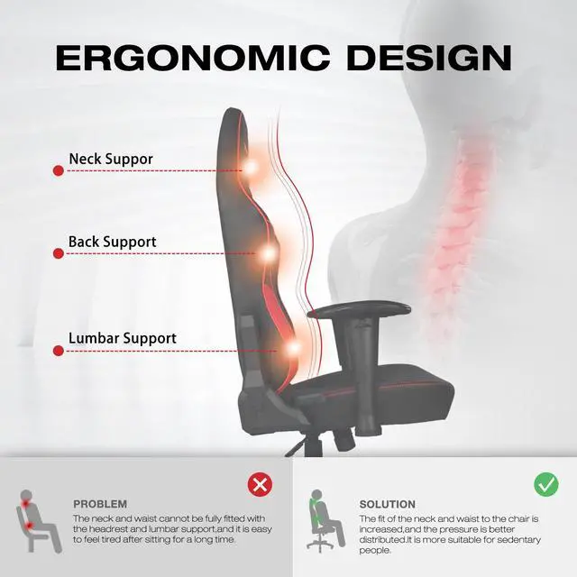 Alt view image 7 of 7 - E-WIN 400 lb Gaming Chair Office Chair Heavy Duty Gaming Chair with Lumbar Support Wide Seat High Back Adjustable Armrest-Black/Red