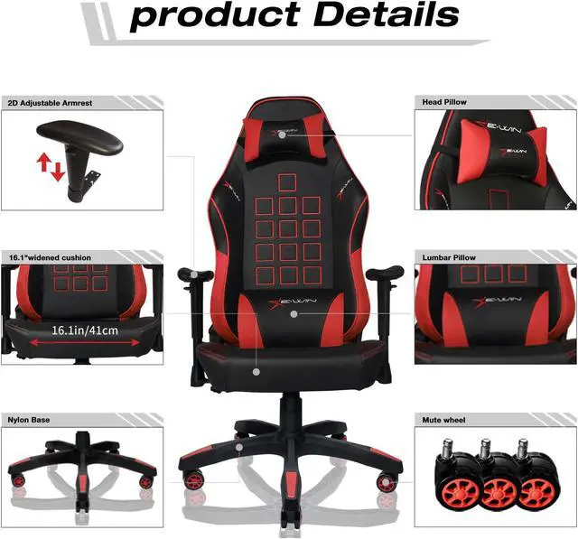 Alt view image 4 of 7 - E-WIN 400 lb Gaming Chair Office Chair Heavy Duty Gaming Chair with Lumbar Support Wide Seat High Back Adjustable Armrest-Black/Red