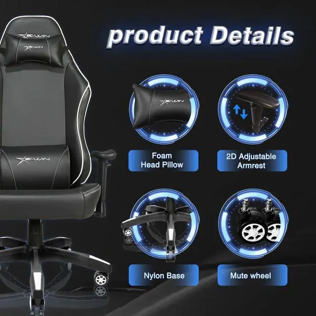 Alt view image 6 of 7 - E-WIN Ergonomic Gaming Chair,Office Gaming Chair High-Back Computer Chair with Headrest and Lumbar Support-Black/White