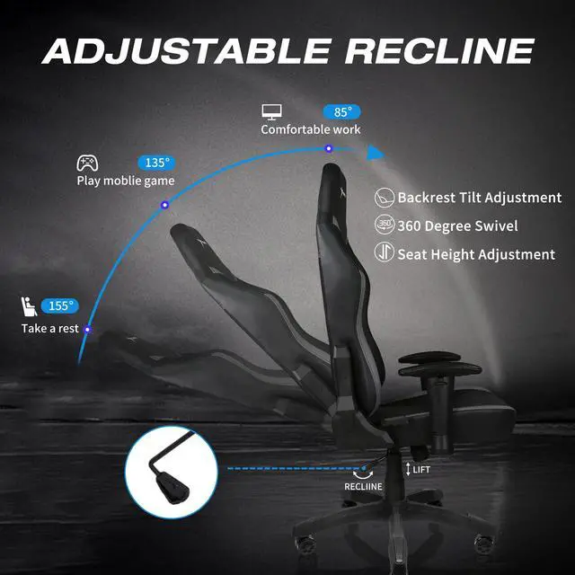 Alt view image 3 of 7 - E-WIN Gaming Chair 400 lb Big and Tall Office Chair,High Back Ergonomic Computer Chair with Wide Seat Adjustable Armrest-Black/Grey
