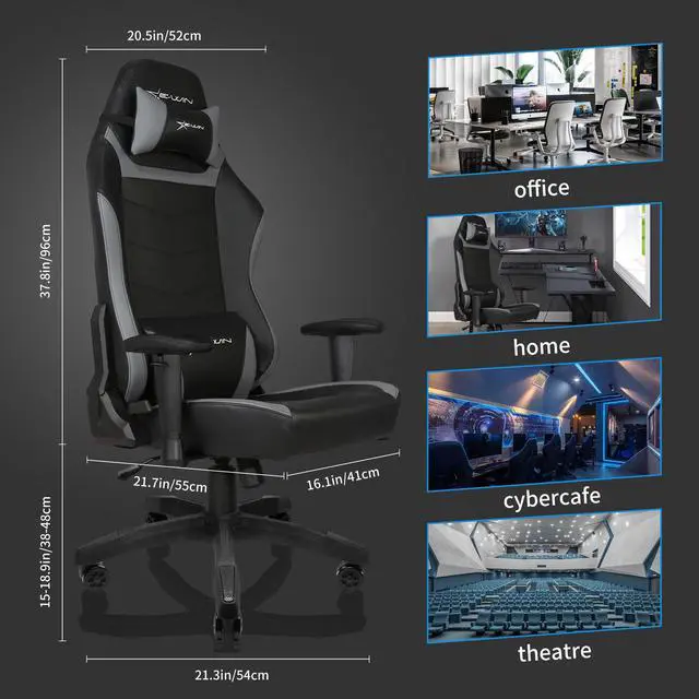 Alt view image 2 of 7 - E-WIN Gaming Chair 400 lb Big and Tall Office Chair,High Back Ergonomic Computer Chair with Wide Seat Adjustable Armrest-Black/Grey