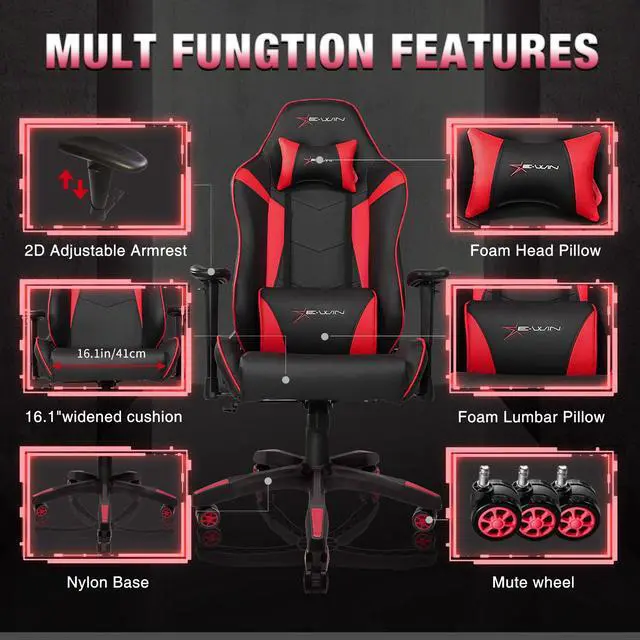 Alt view image 5 of 14 - E-WIN 400lb Gaming Chair ,Office Chair High Back Computer Chair Ergonomic Gaming Chair  Adjustable Armrest with Lumbar Support and Headrest-Black/Red