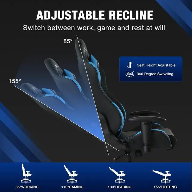 Alt view image 3 of 7 - E-WIN 400LB Gaming Chair Computer Chair,Big and Tall Gamer Chair for Adults,High Back Gaming Chair with Headrest and Lumbar Support -Black/Blue
