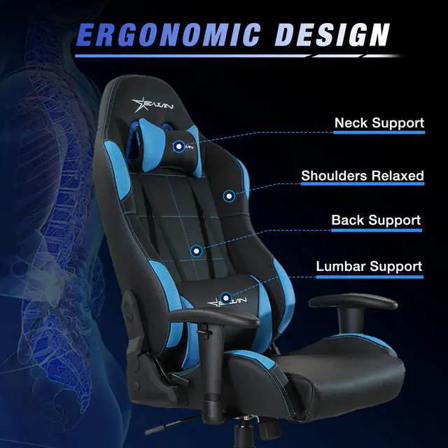 Alt view image 4 of 7 - E-WIN 400LB Gaming Chair Computer Chair,Big and Tall Gamer Chair for Adults,High Back Gaming Chair with Headrest and Lumbar Support -Black/Blue