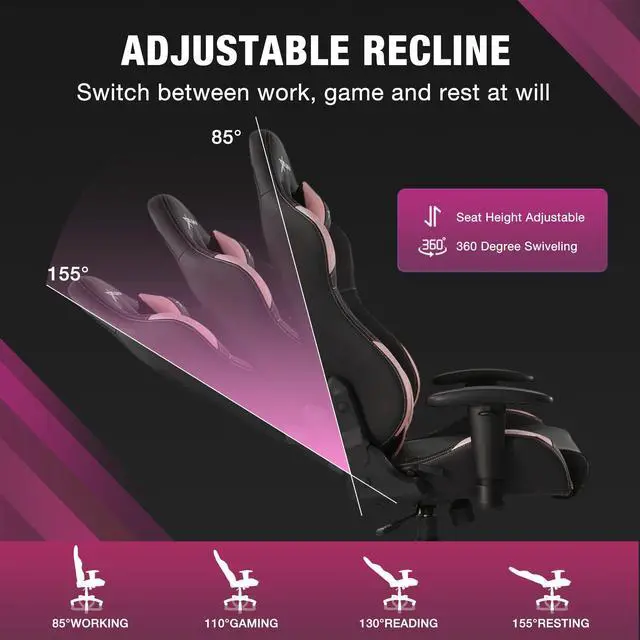 Alt view image 3 of 7 - E-WIN 400LB Gaming Chair Computer Chair,Big and Tall Gamer Chair for Adults,High Back Gaming Chair with Headrest and Lumbar Support -Black/Pink