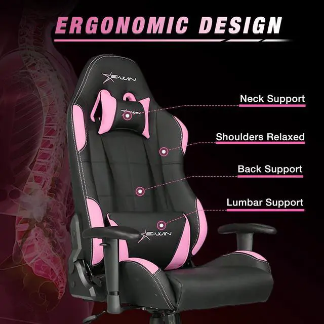 Alt view image 4 of 7 - E-WIN 400LB Gaming Chair Computer Chair,Big and Tall Gamer Chair for Adults,High Back Gaming Chair with Headrest and Lumbar Support -Black/Pink