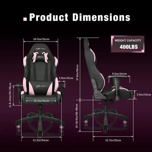 Alt view image 2 of 7 - E-WIN 400LB Gaming Chair Computer Chair,Big and Tall Gamer Chair for Adults,High Back Gaming Chair with Headrest and Lumbar Support -Black/Pink