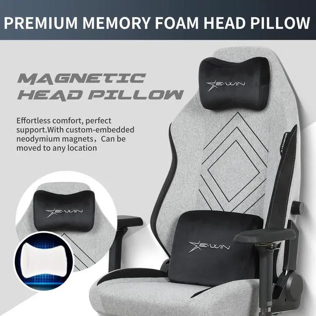 Alt view image 4 of 7 - E-WIN Gaming Chair Breathable Fabric Office Chair with Magnetic Head Pillow and Lumbar Support High Back Ergonomic Computer Chair,Light Grey