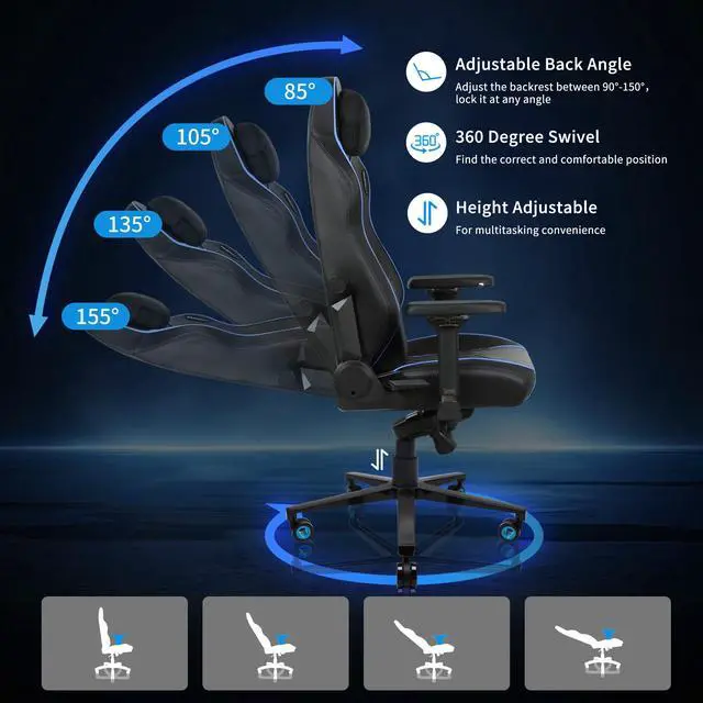 Alt view image 2 of 7 - E-WIN 400LB Racing Style Gaming Chair,Height Adjustable  Computer Chair with Magnetic Head Pillow and Lumbar Support, Adjustable Armrest-Black&Blue
