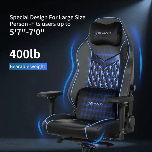 Alt view image 6 of 7 - E-WIN 400LB Racing Style Gaming Chair,Height Adjustable  Computer Chair with Magnetic Head Pillow and Lumbar Support, Adjustable Armrest-Black&Blue