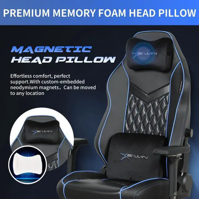 Alt view image 4 of 7 - E-WIN 400LB Racing Style Gaming Chair,Height Adjustable  Computer Chair with Magnetic Head Pillow and Lumbar Support, Adjustable Armrest-Black&Blue