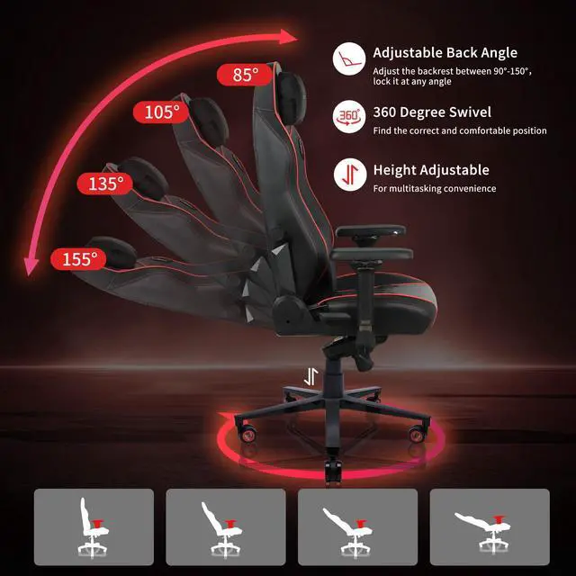 Alt view image 2 of 7 - E-WIN 400LB Racing Style Gaming Chair,Height Adjustable  Computer Chair with Magnetic Head Pillow and Lumbar Support, Adjustable Armrest-Black&Red