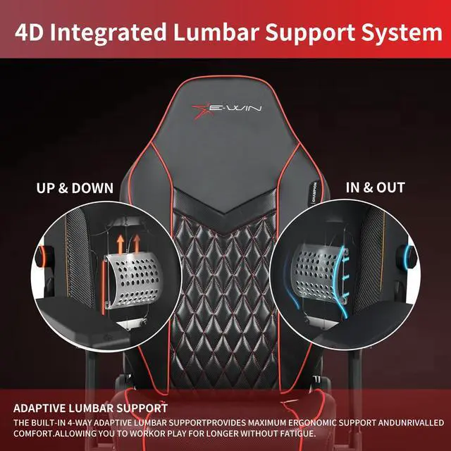 Alt view image 3 of 7 - E-WIN 400LB Racing Style Gaming Chair,Height Adjustable  Computer Chair with Magnetic Head Pillow and Lumbar Support, Adjustable Armrest-Black&Red
